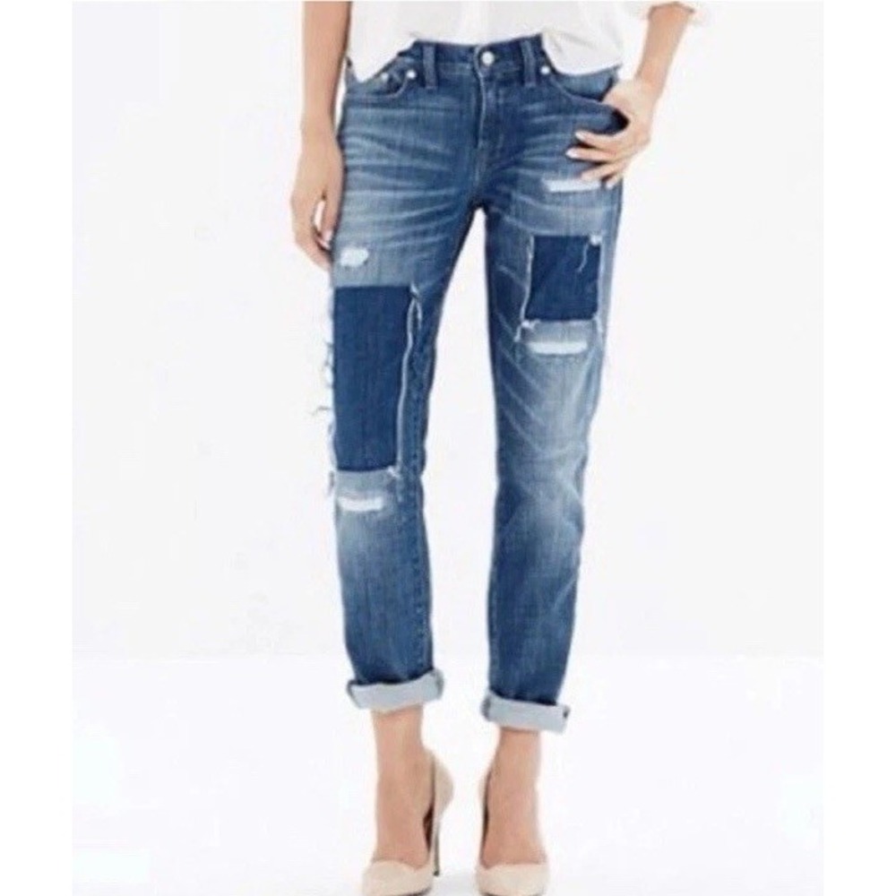 Madewell Boyfriend Jeans with Patchwork in Blue